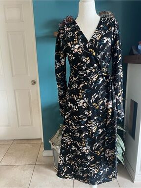 Halogen - Black Floral Wrap Dress with Long Sleeves